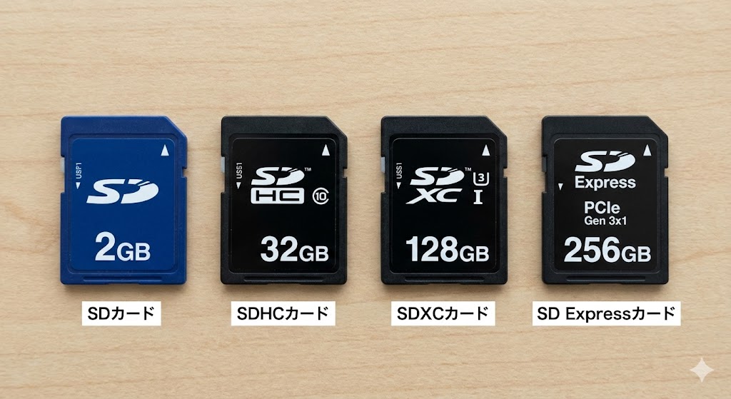 SDカード、SDHCカード、SDXCカード、SD Expressカードの実物（表記の違いが分かる）