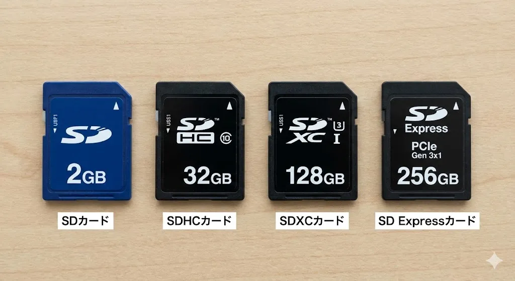 SDカード、SDHCカード、SDXCカード、SD Expressカードの実物（表記の違いが分かる）