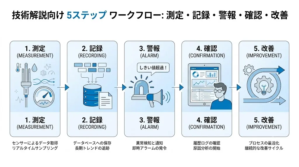 測定、記録、警報、確認、改善の流れで温度監視データの活用を示した図