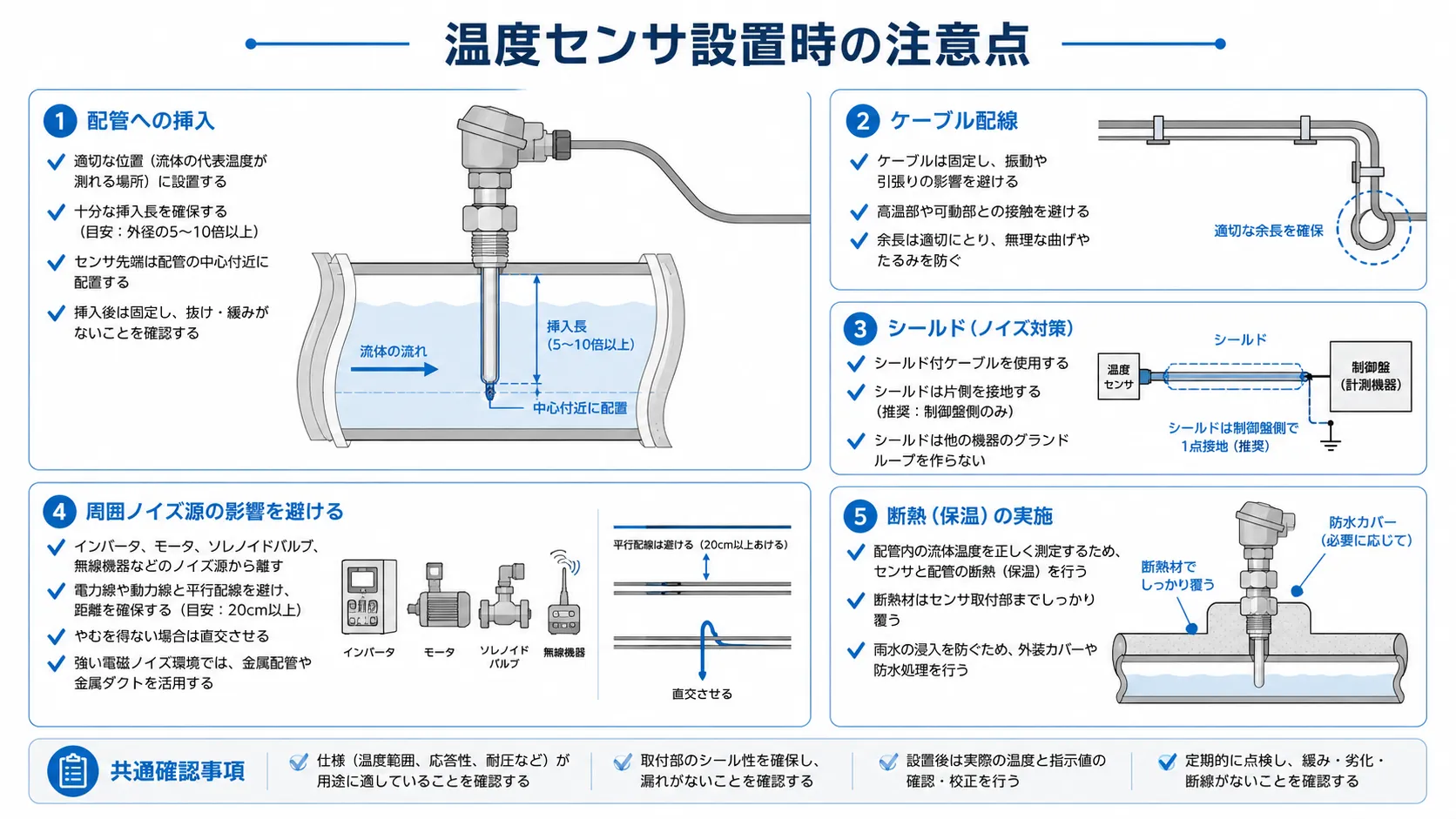 接触式温度センサの取り付け位置、配線、ノイズ対策を示す図
